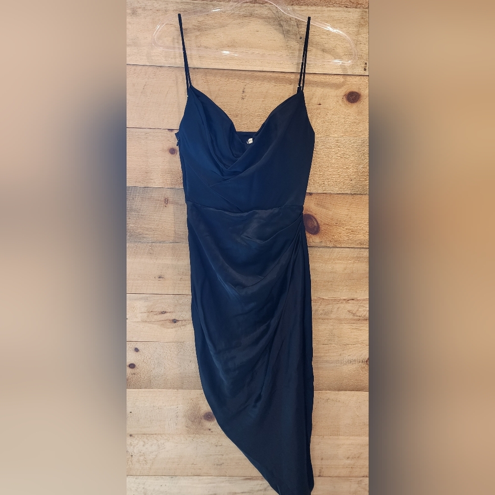 House Of CB Black Asymmetric Slip Dress with Draped Detail